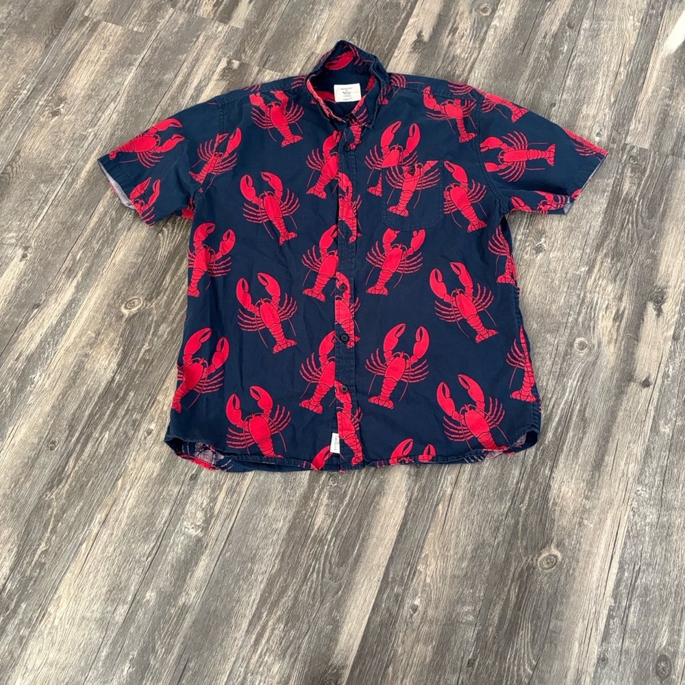 Navy Short-Sleeve Button-Down Shirt with Red Lobster Print